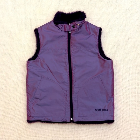Vintage Y2K Guess Iridescent Faux Fur Reversible Vest - Picture 1 of 16